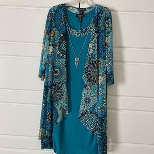 R&M Richards Teal and Blue Sleeveless Dress with Necklace And Jacket